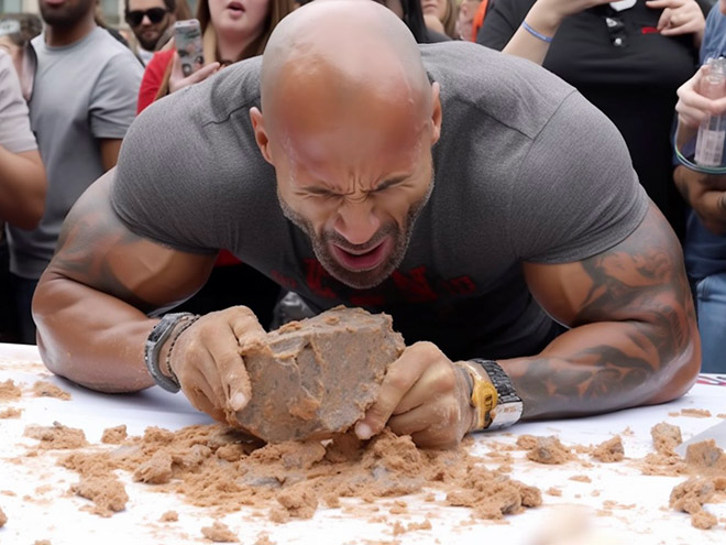 The Rock  en train de manger du béton