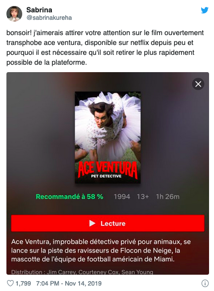 Ace Ventura Une Internaute Exige Que Netflix Retire Le