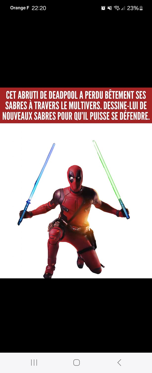 Deadpool qui tient des sabres laser