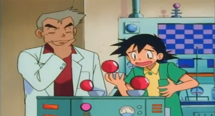 Sacha et le Professeur Chen dans Pokémon