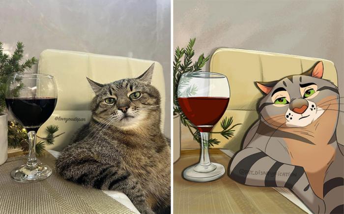 un chat avec du vin en dessin façon disney