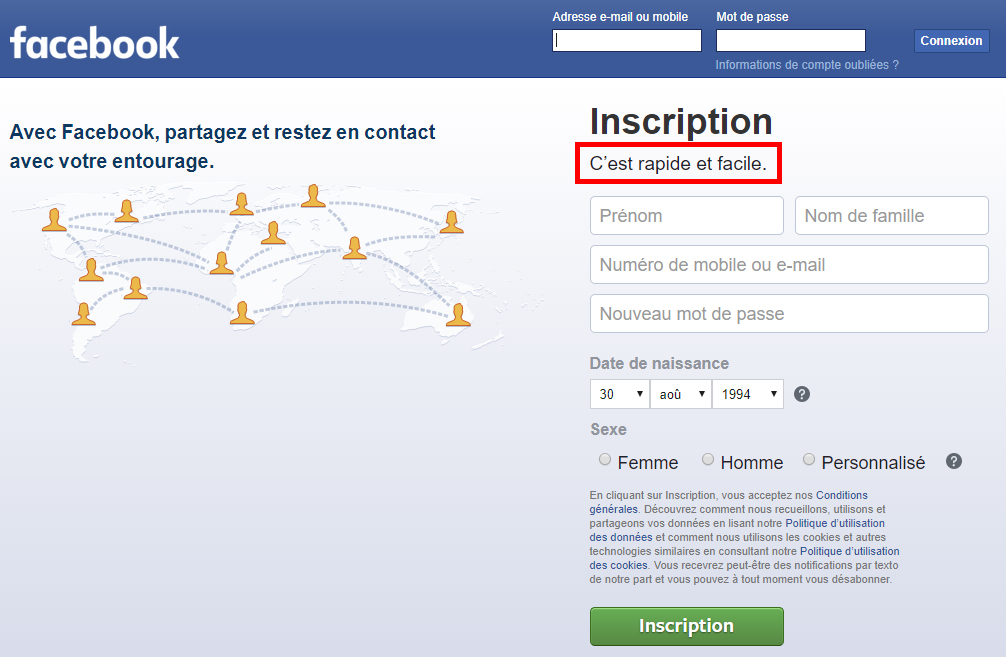 Facebook : le réseau social change sa mention d'inscription concernant